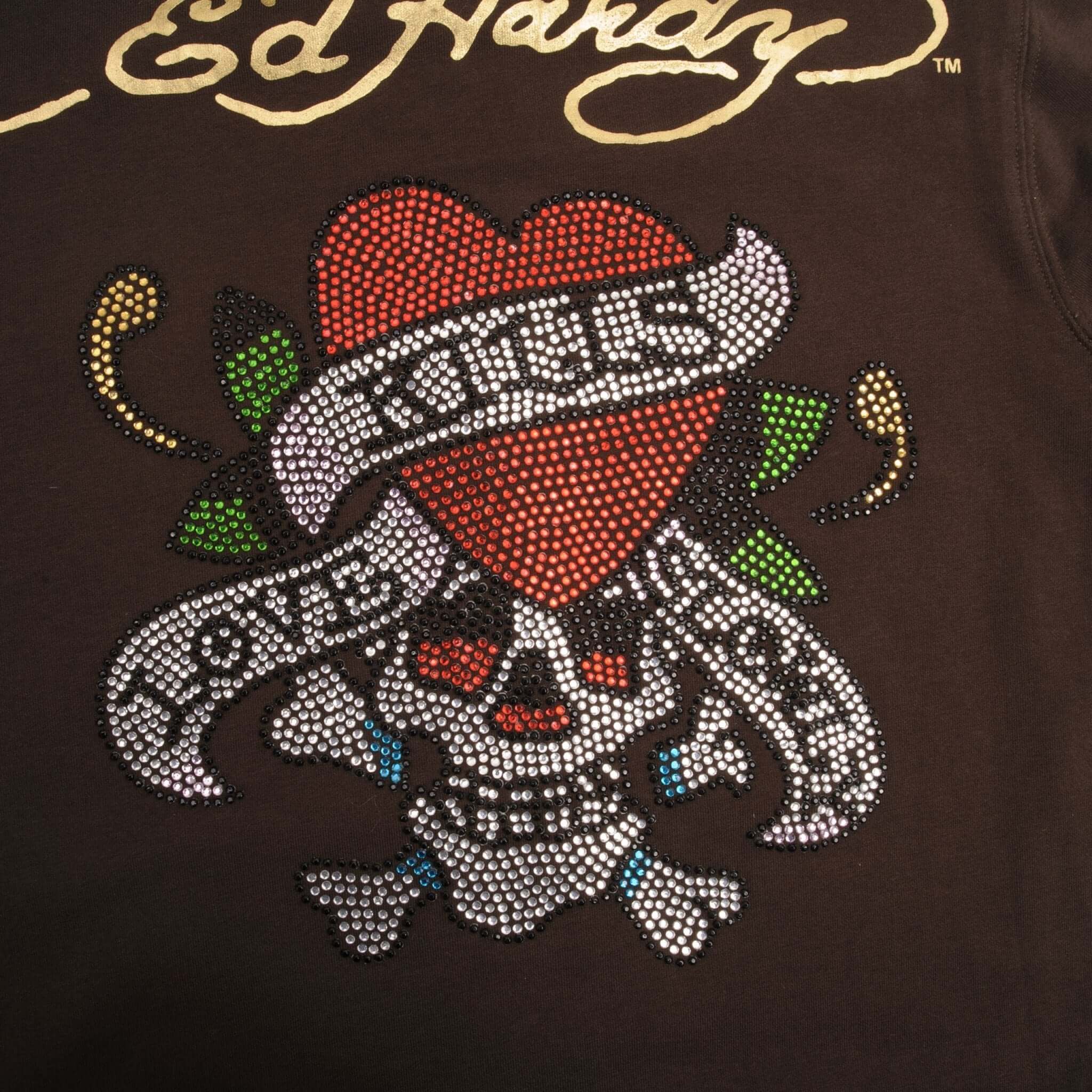 Vintage Ed Hardy Rhinestones Full Zip Hoodie Sweatshirt 2000S Size Women Large Made In USA