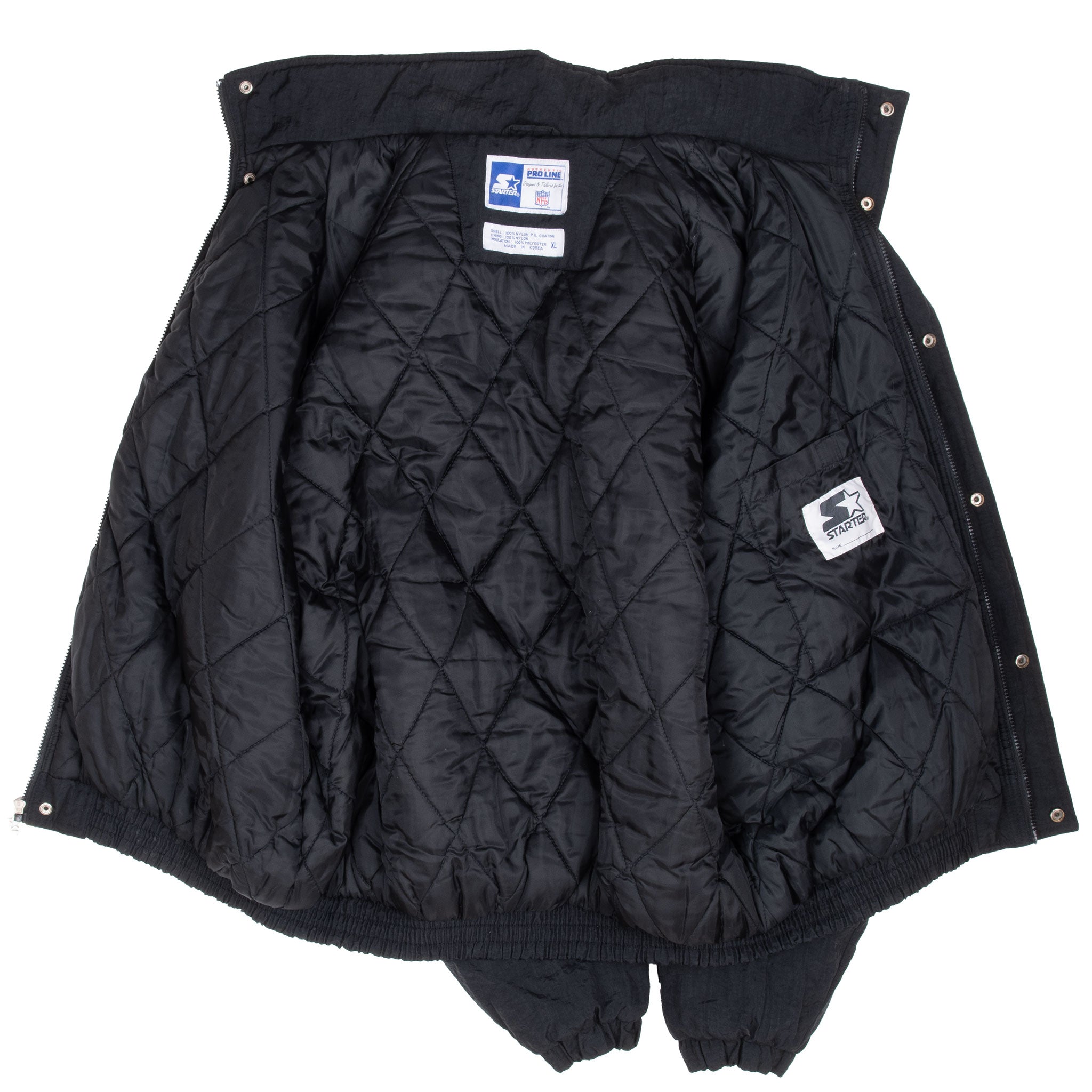 Open black Starter Steelers jacket showing quilted lining and interior labels