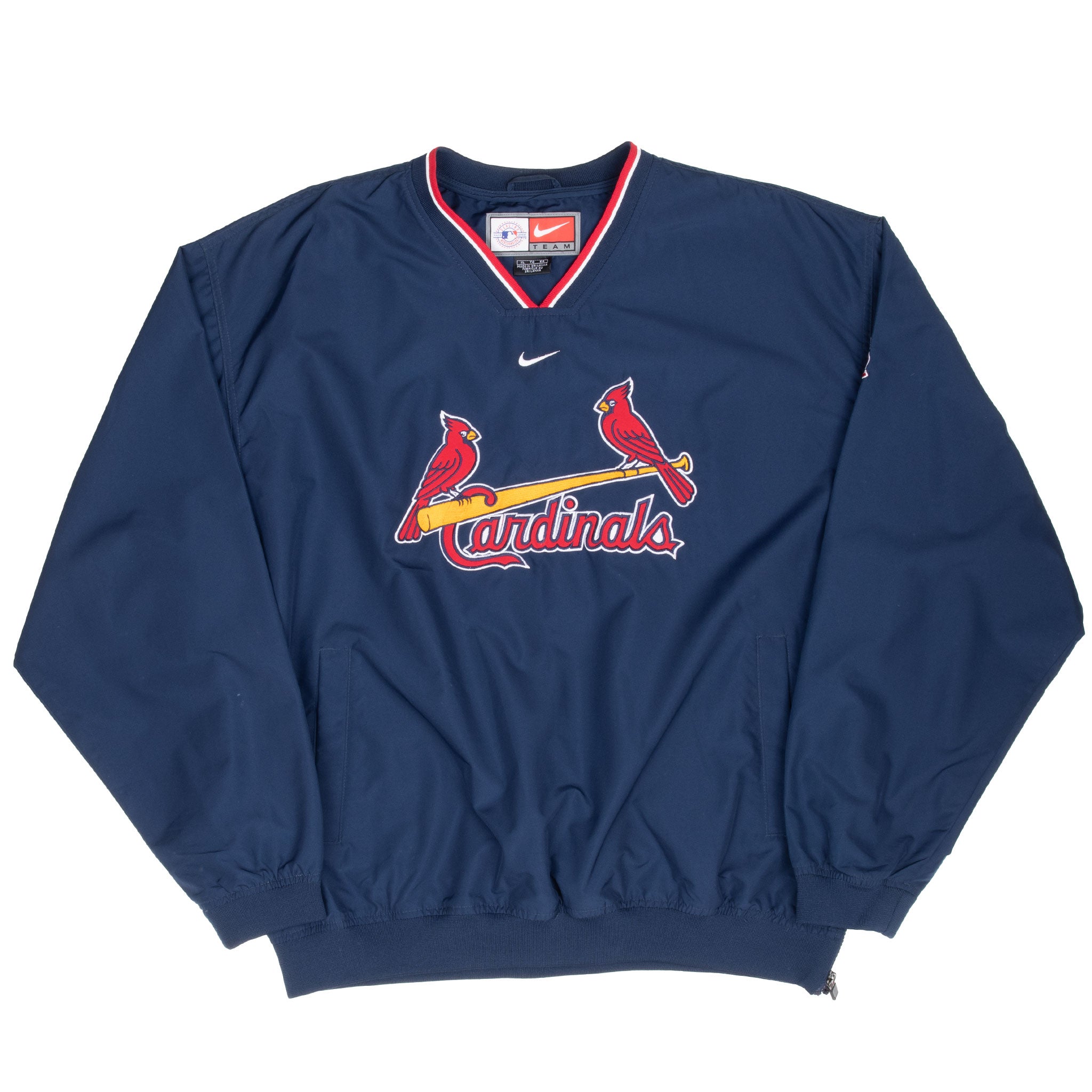 Full front view of navy Nike St. Louis Cardinals pullover windbreaker