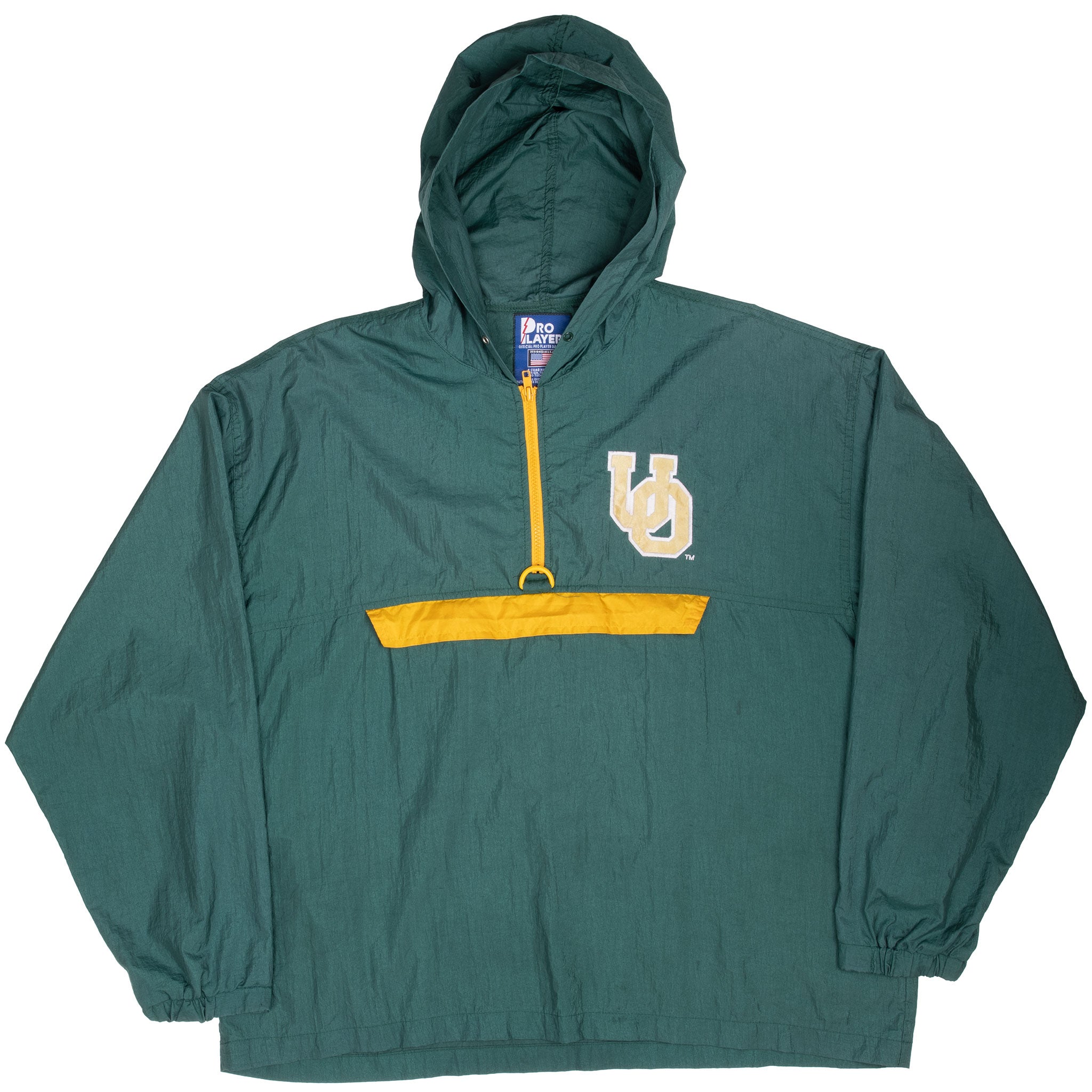 Full front view of green Oregon Ducks packable windbreaker with hood and yellow zip pocket