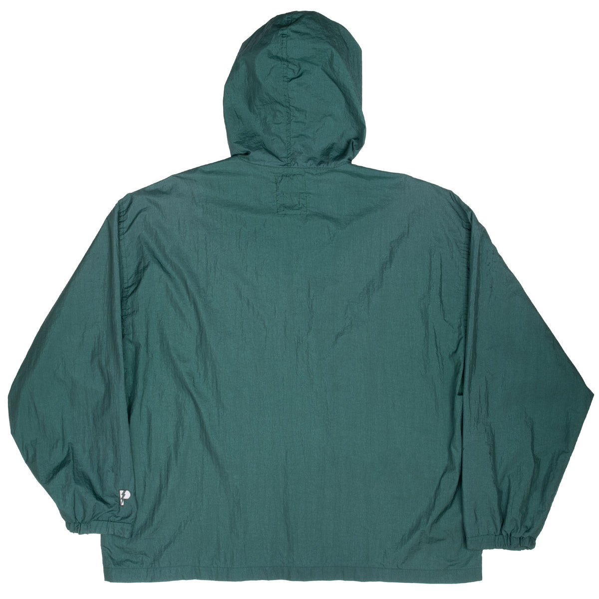 Back of green Oregon Ducks hooded windbreaker with elastic cuffs and plain design