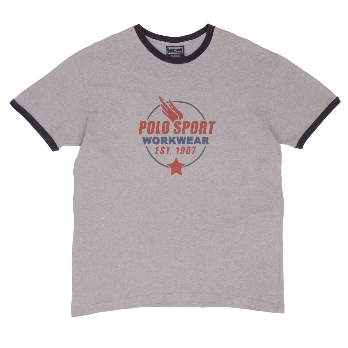 Full front of gray Polo Sport Ralph Lauren ringer T-shirt with red and navy Workwear graphic