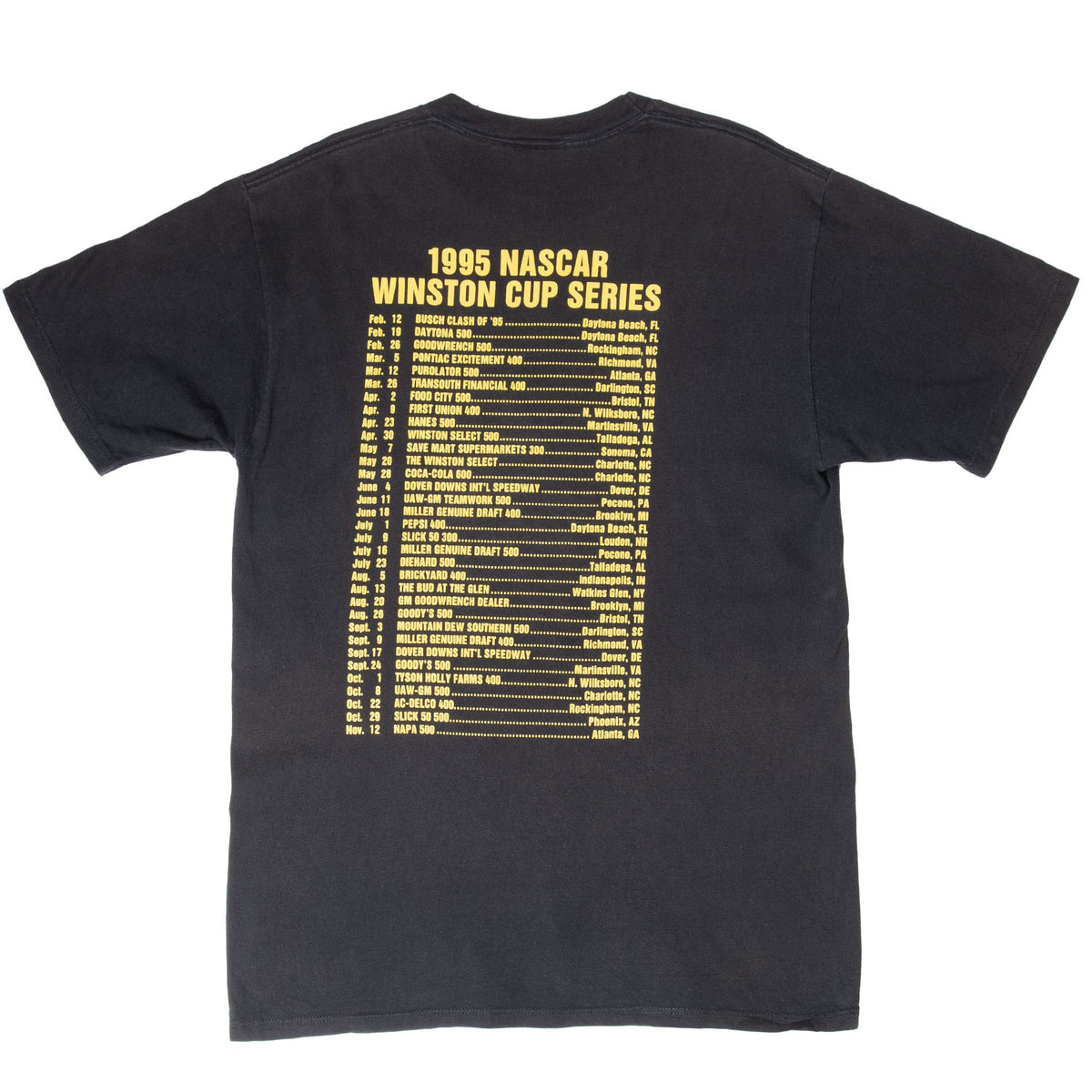 Back of black T-shirt with yellow 1995 NASCAR Winston Cup Series schedule print