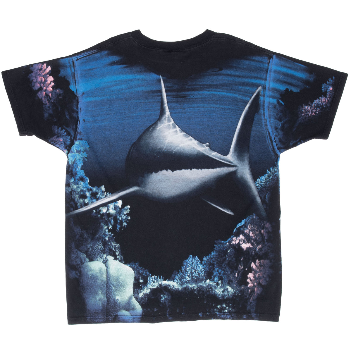 Back of black T-shirt with swimming shark and blue coral reef all-over print