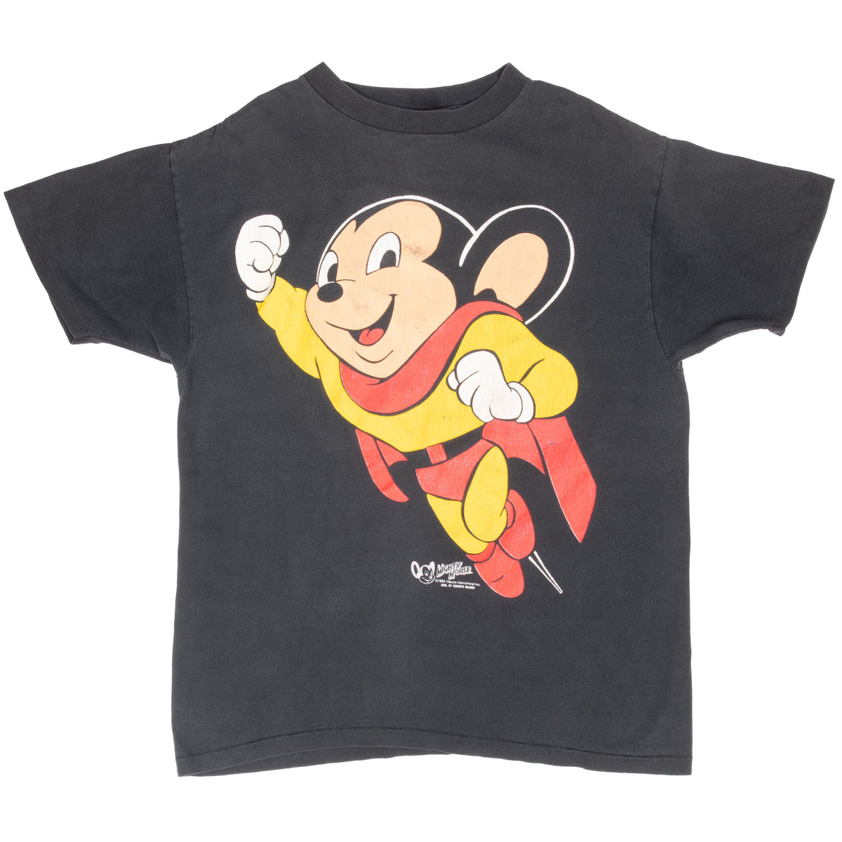 Full front view of black Mighty Mouse graphic T-shirt
