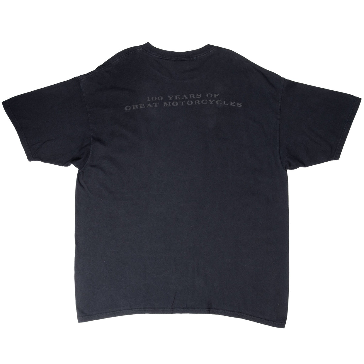 Back of black Harley-Davidson T-shirt with tonal 100 Years of Great Motorcycles print