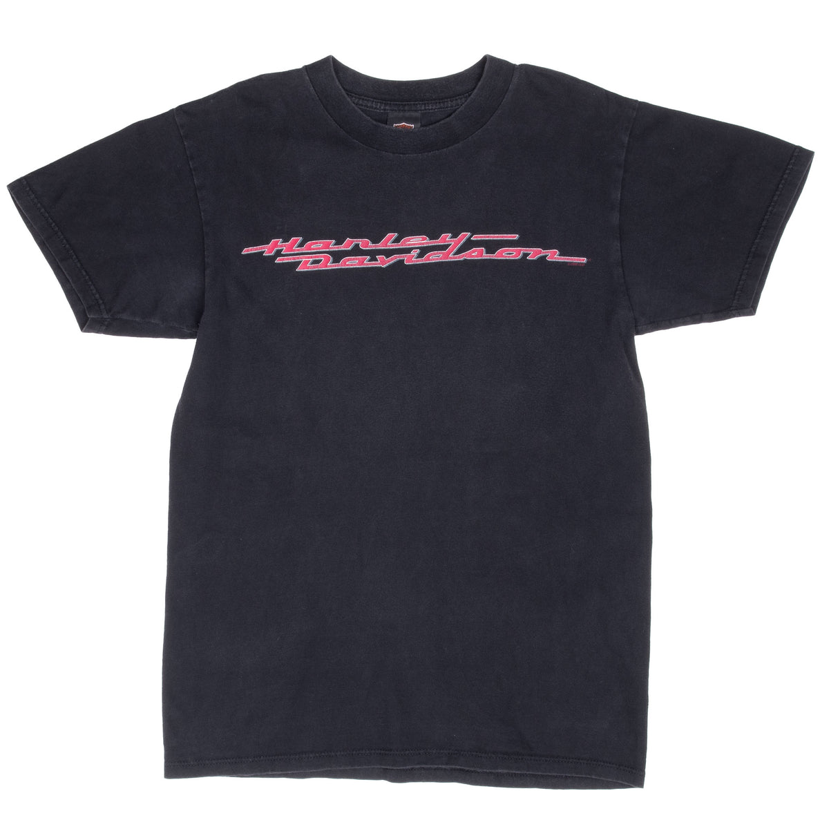 Front of black Harley-Davidson T-shirt with red and white script chest logo
