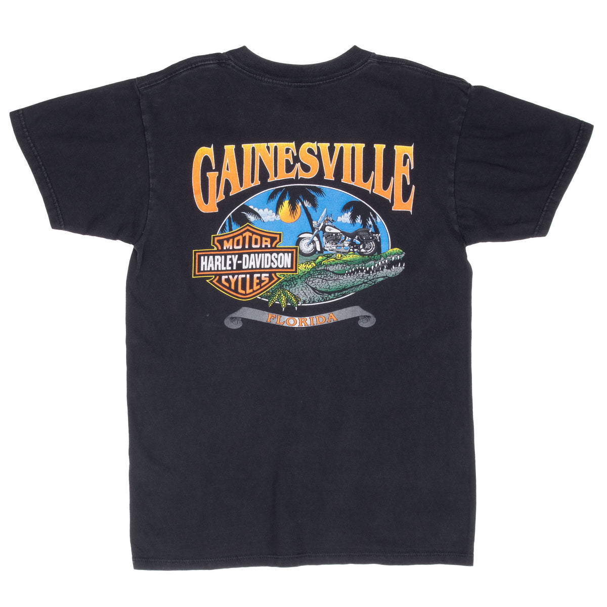 Back of black Harley-Davidson Gainesville Florida T-shirt with motorcycle and alligator graphic
