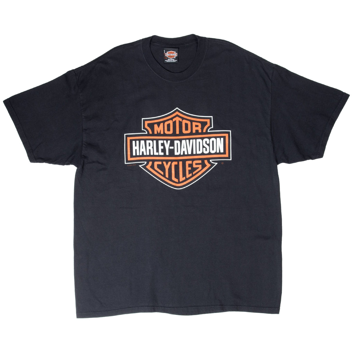Full front view of black Harley-Davidson T-shirt with shield chest graphic