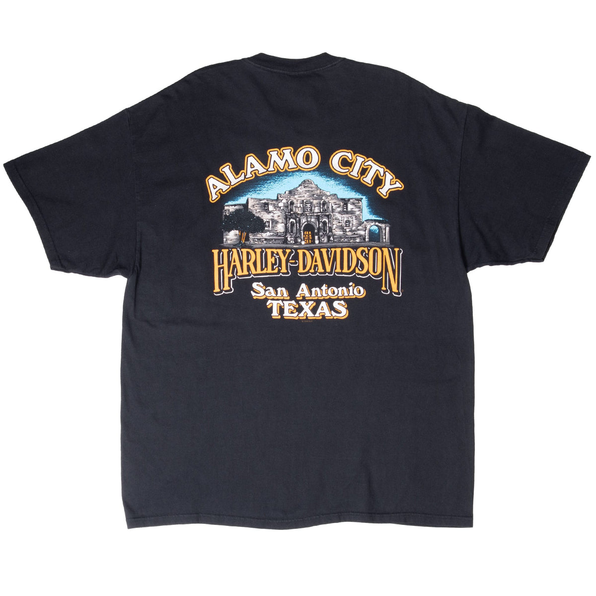 Back of black Harley-Davidson T-shirt with Alamo City San Antonio graphic