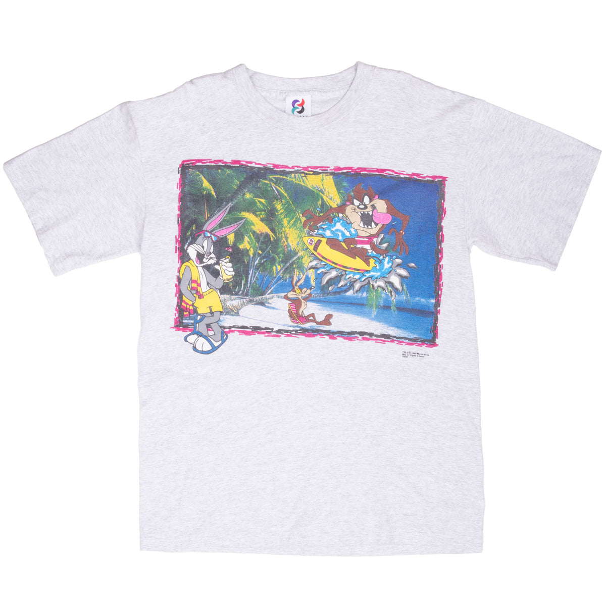 Front of gray Looney Tunes T-shirt with Bugs Bunny and surfing Taz graphic