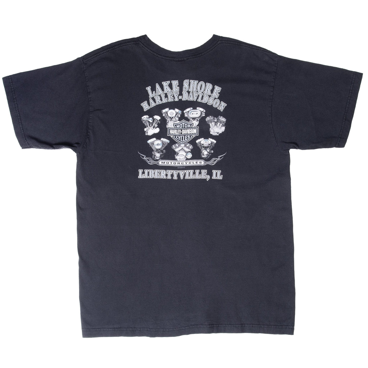 Back of black Lake Shore Harley-Davidson T-shirt with engine graphics and Libertyville, IL lettering