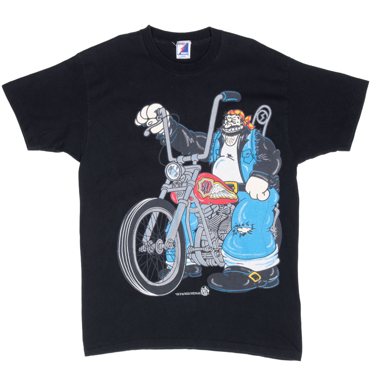 Full front view of black Lightning Bolt T-shirt with Brutus motorcycle graphic