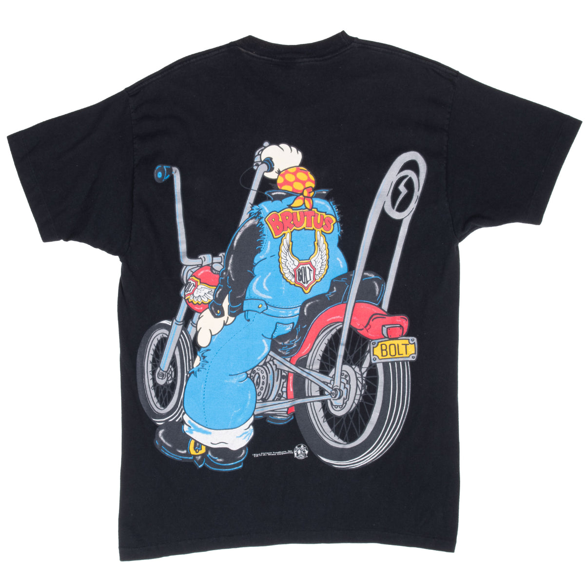 Back of black Lightning Bolt T-shirt showing Brutus riding a motorcycle