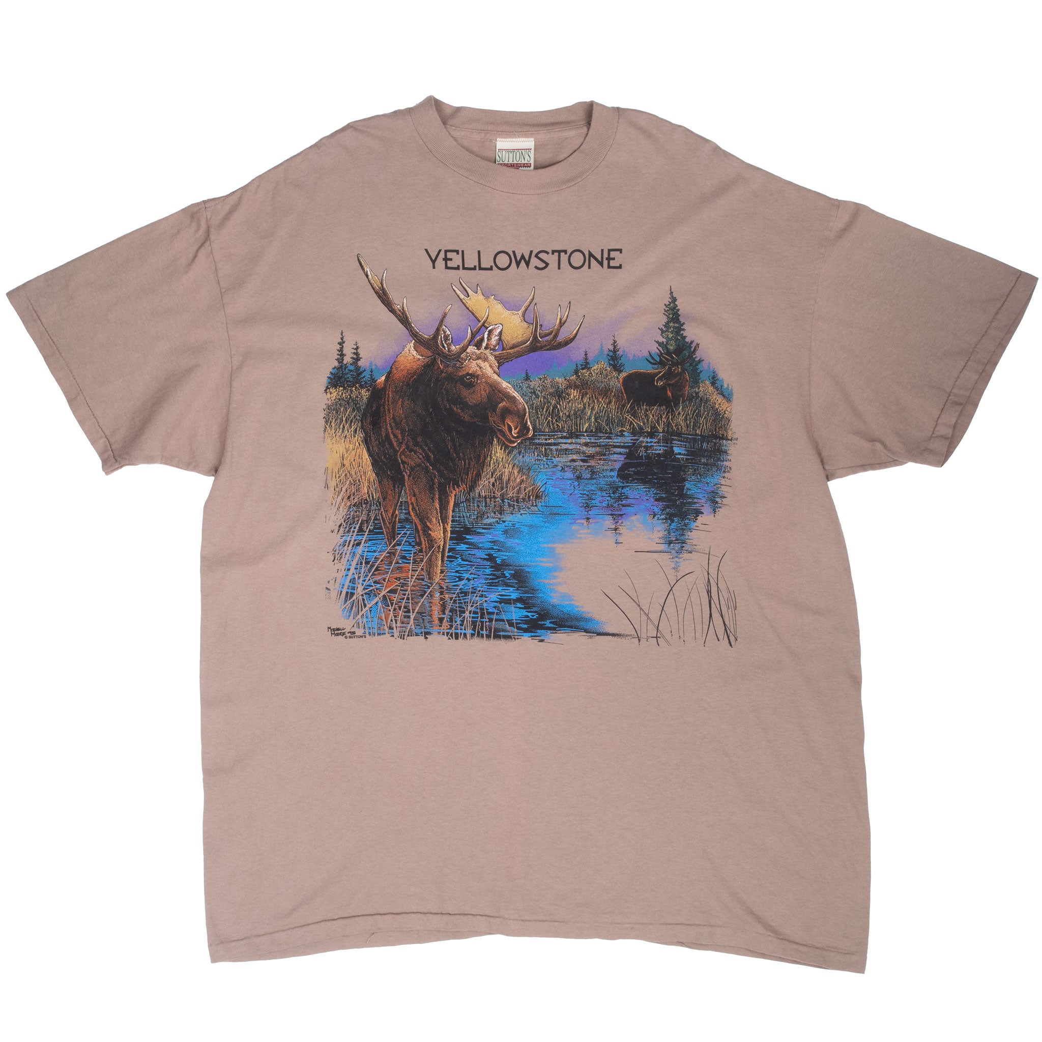 Front of taupe Yellowstone National Park T-shirt with elk and river graphic