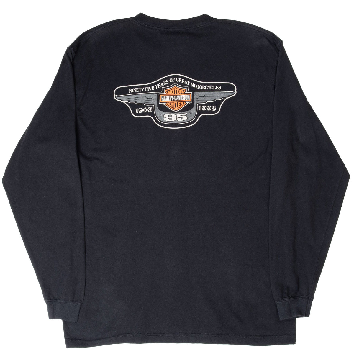 Back of black Harley-Davidson long-sleeve T-shirt with winged 95th Anniversary graphic