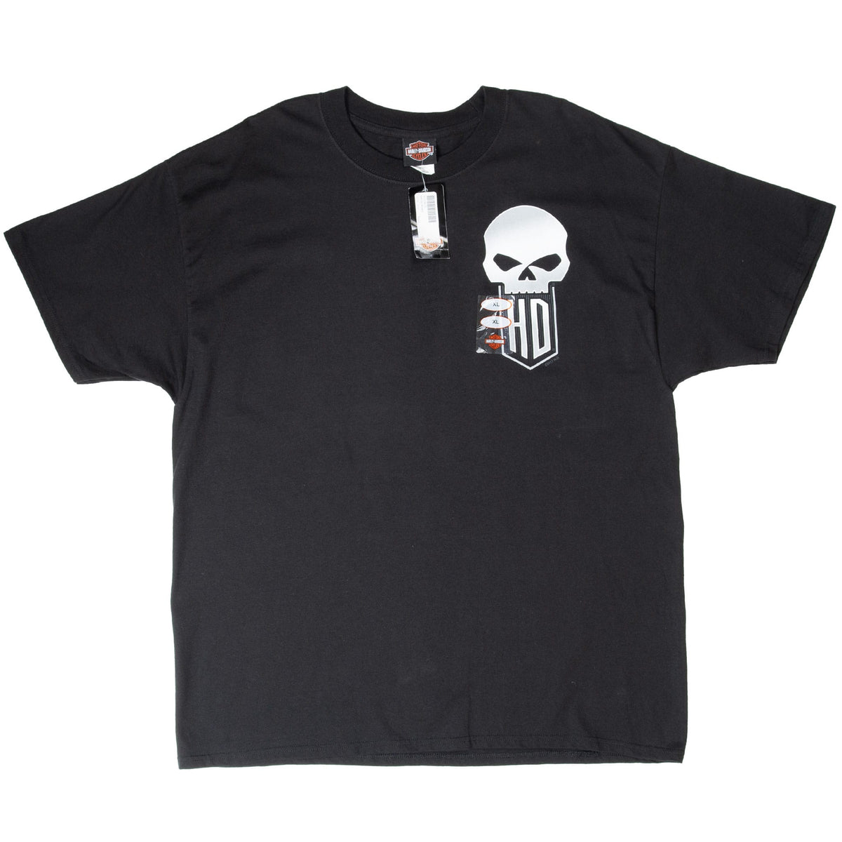 Full front view of black Harley-Davidson T-shirt with skull chest graphic and hang tag