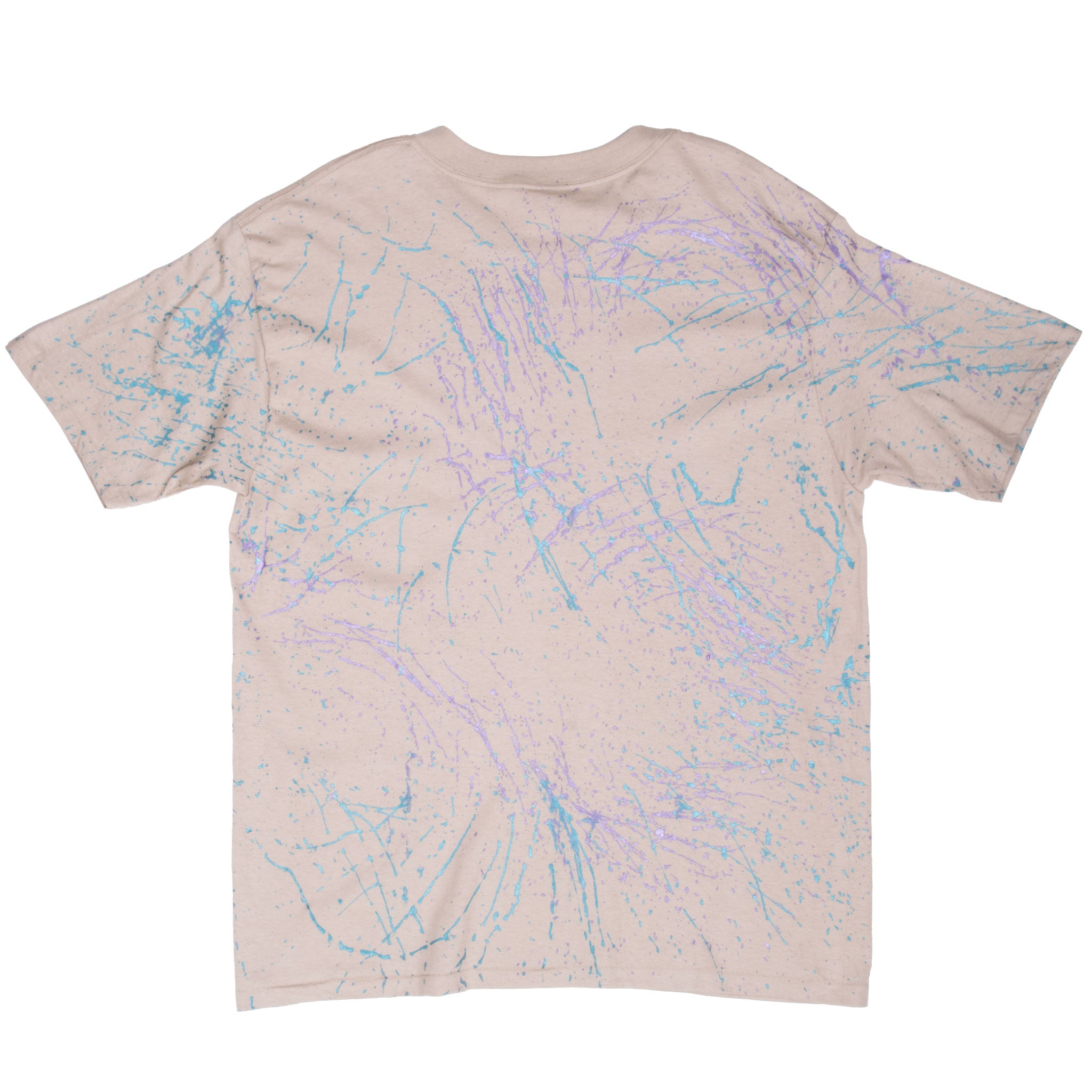 Back of beige Disney tee with all-over blue and purple abstract splatter print