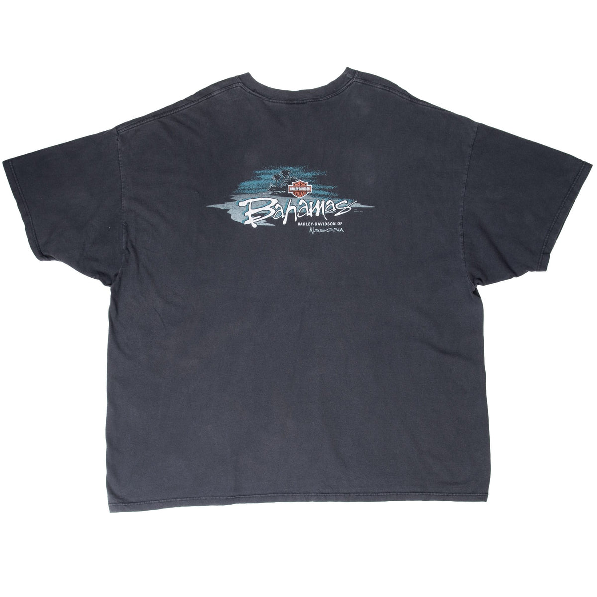 Full back of black Harley-Davidson T-shirt with Bahamas Nassau graphic