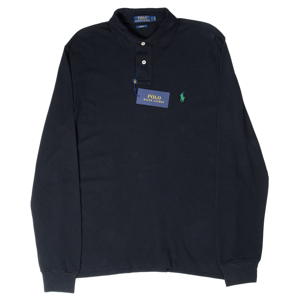 Full front of black Polo Ralph Lauren long-sleeve polo with two-button placket and green pony logo