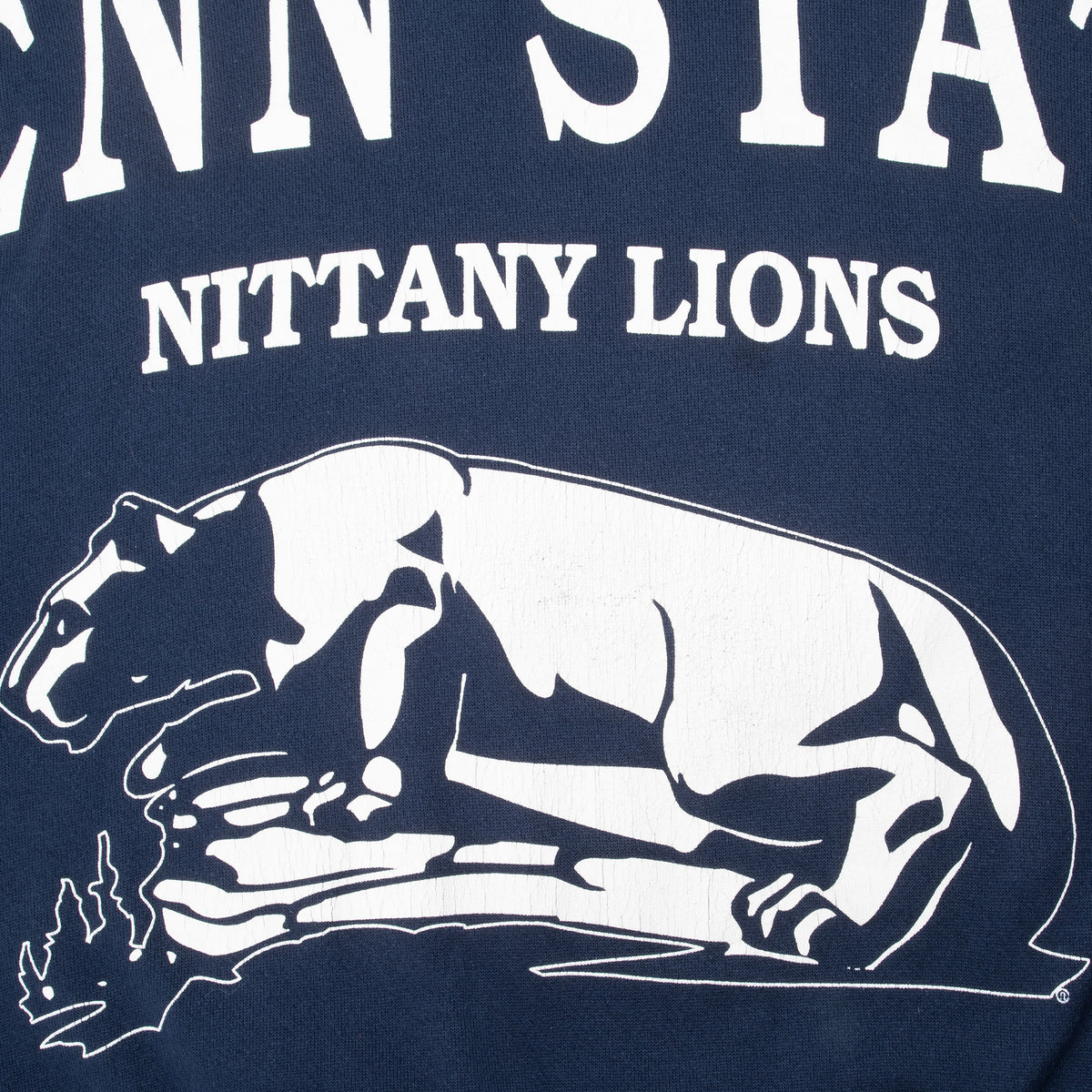 Close-up of white Nittany Lions mountain lion print on navy sweatshirt