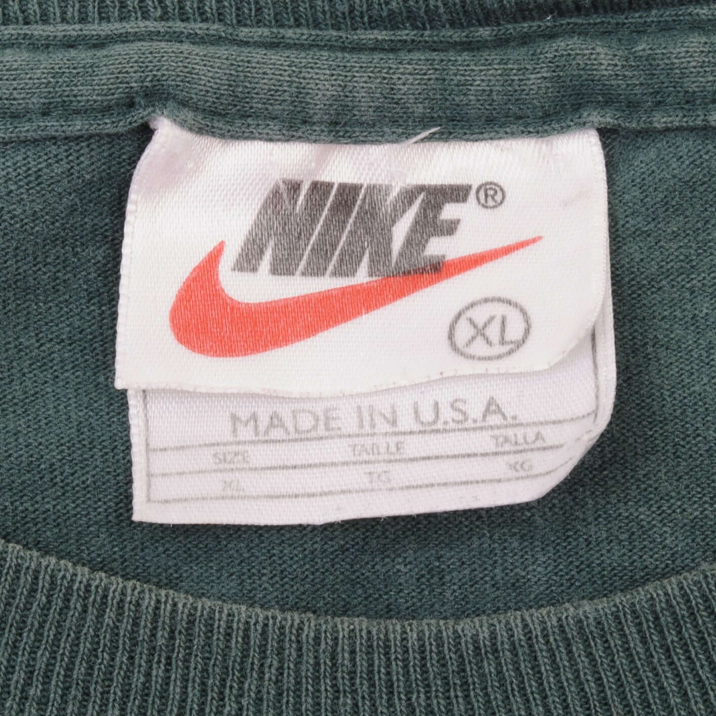 Vintage Nike Small Swoosh Embroidered Green Tee Shirt Late 1990s Size XL Made In USA.