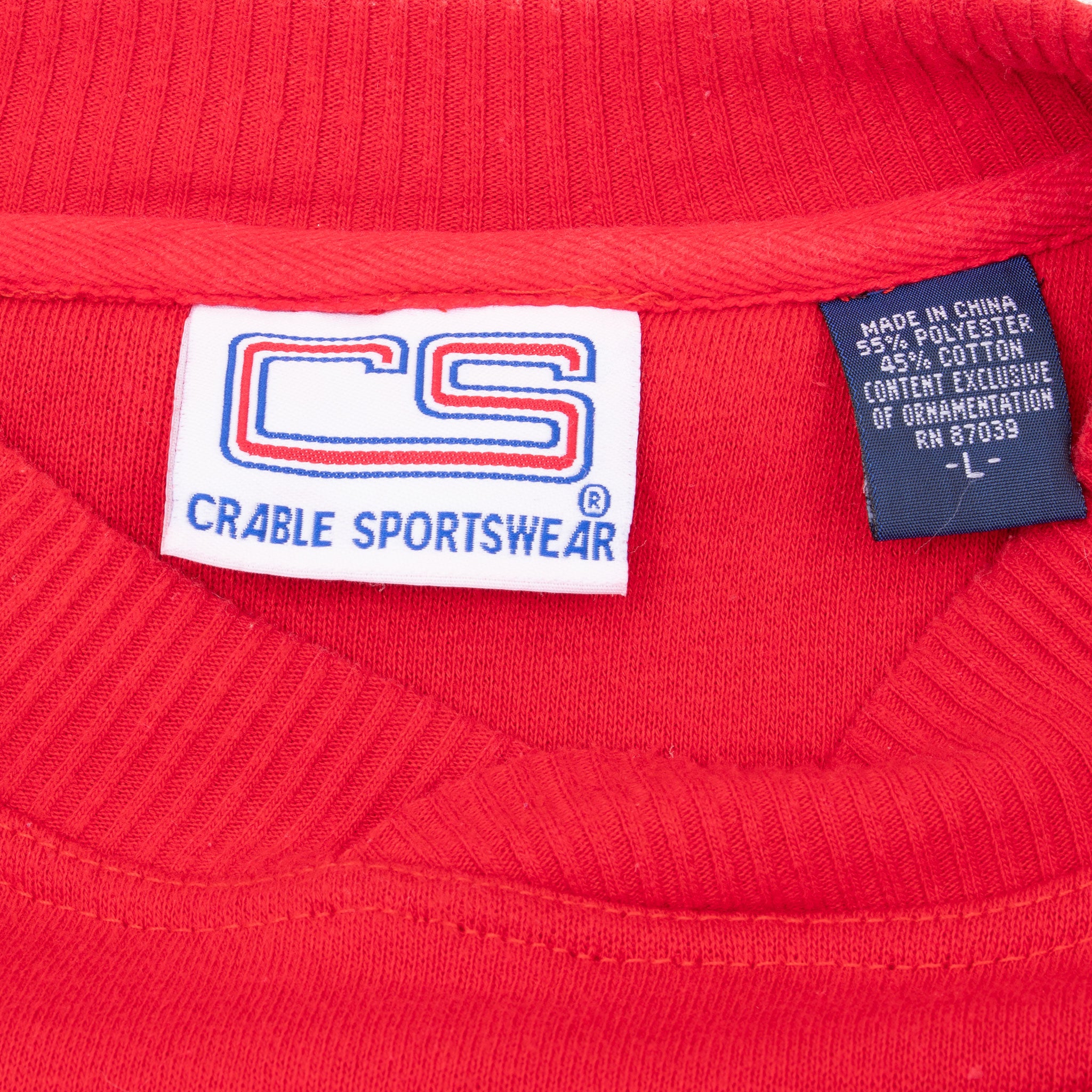 Crable Sportswear neck label and care tag inside red sweatshirt