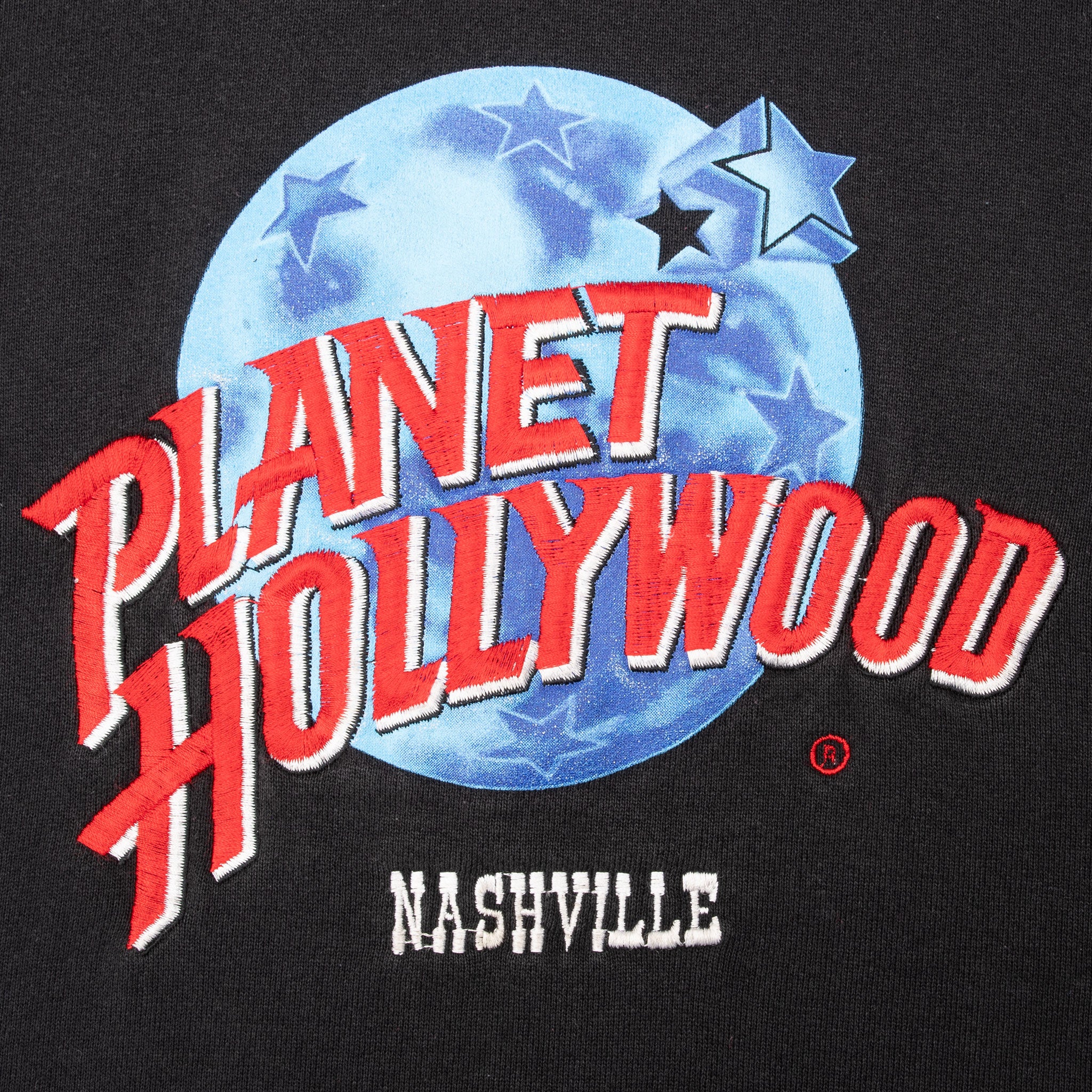 Close-up of Planet Hollywood Nashville globe logo embroidery