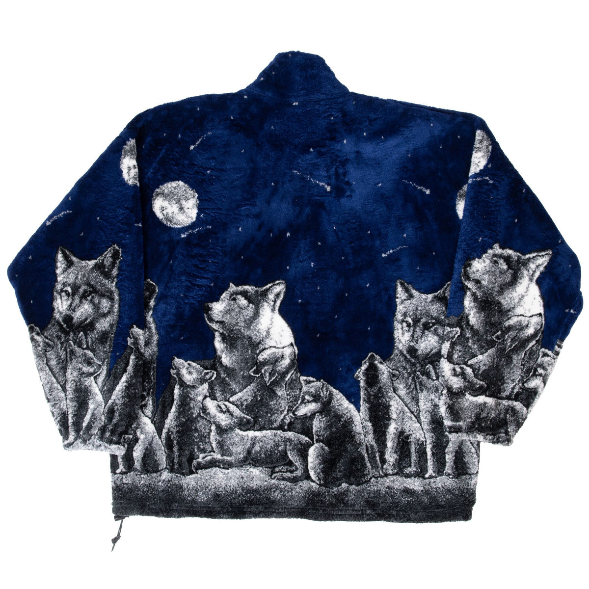 Back view of navy Mazmania fleece jacket with gray wolves beneath moons and stars