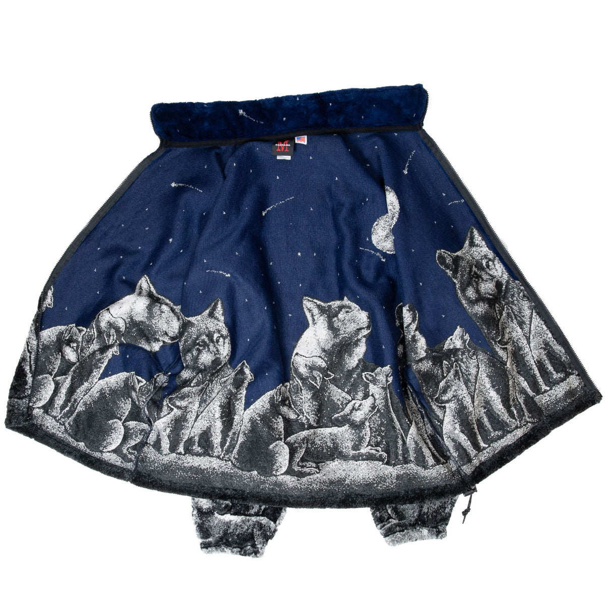 Open Mazmania jacket showing navy interior with gray wolf, moon and star print