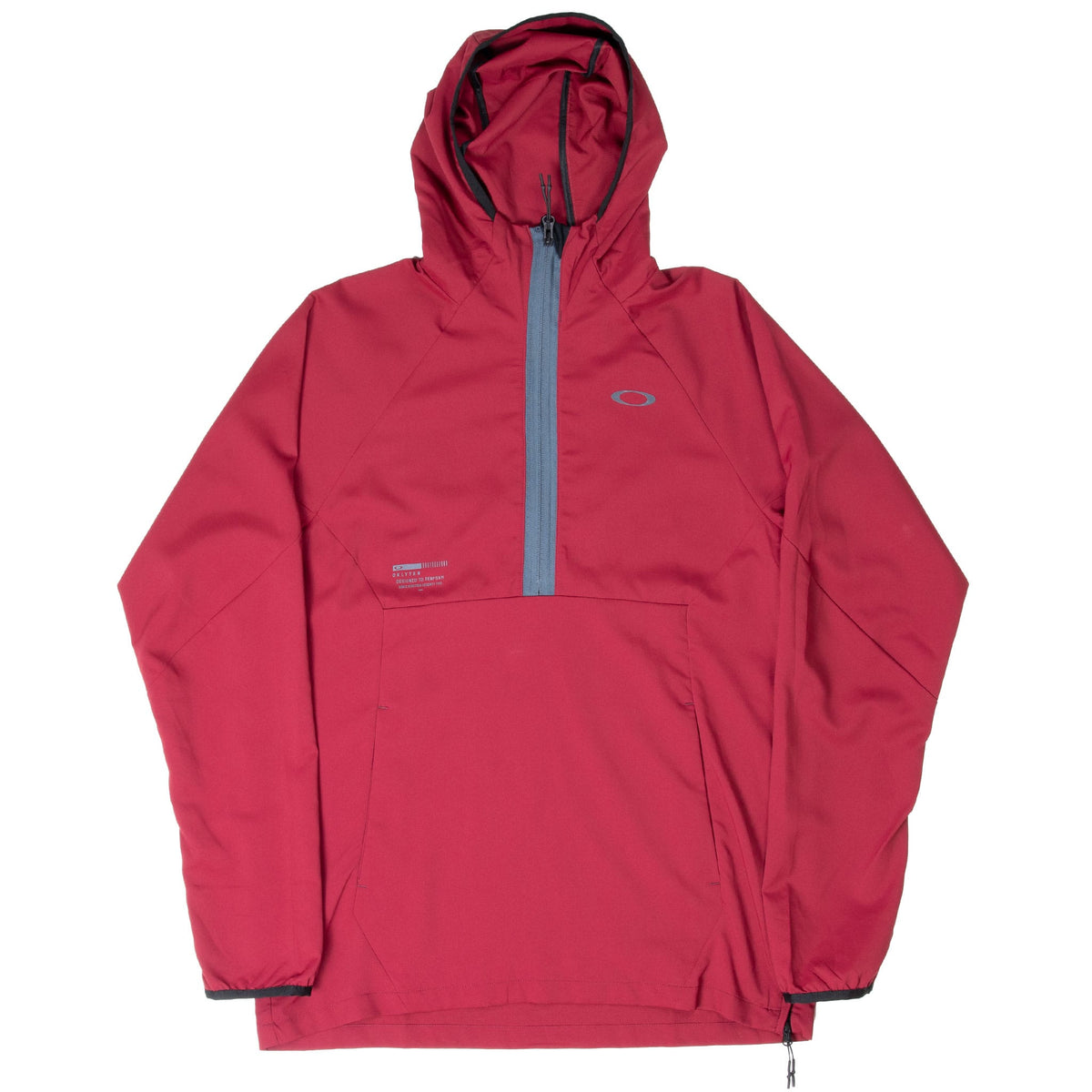 Full front view of burgundy Oakley pullover windbreaker with hood, gray half-zip, and drawcord hem