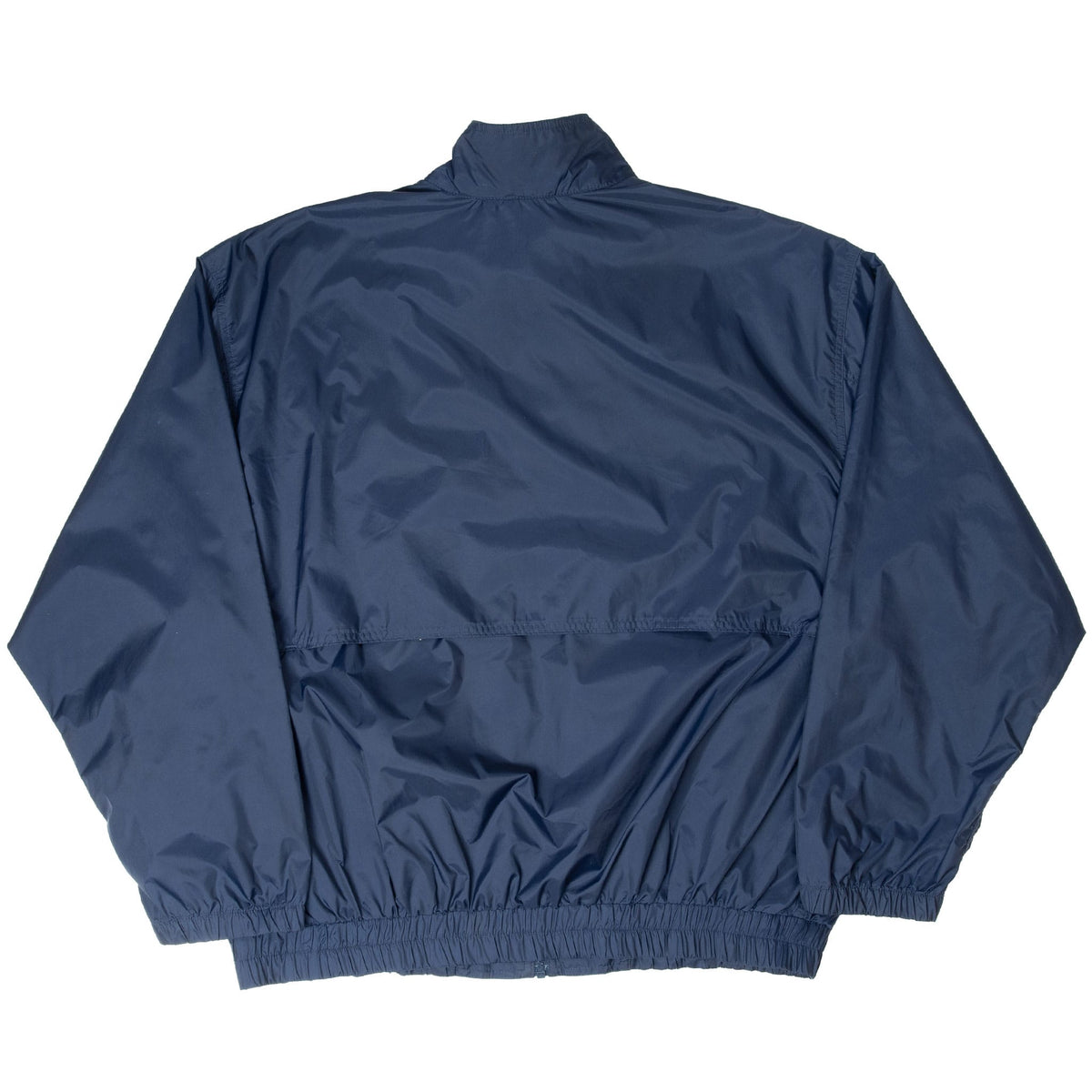 Back of navy Nike windbreaker showing horizontal vent panel and elasticized hem