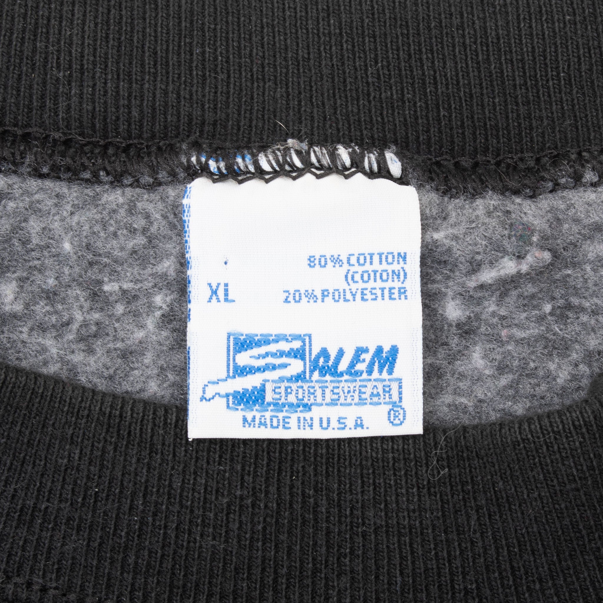 Salem Sportswear neck tag marked XL, 50% cotton, 50% polyester, and made in USA