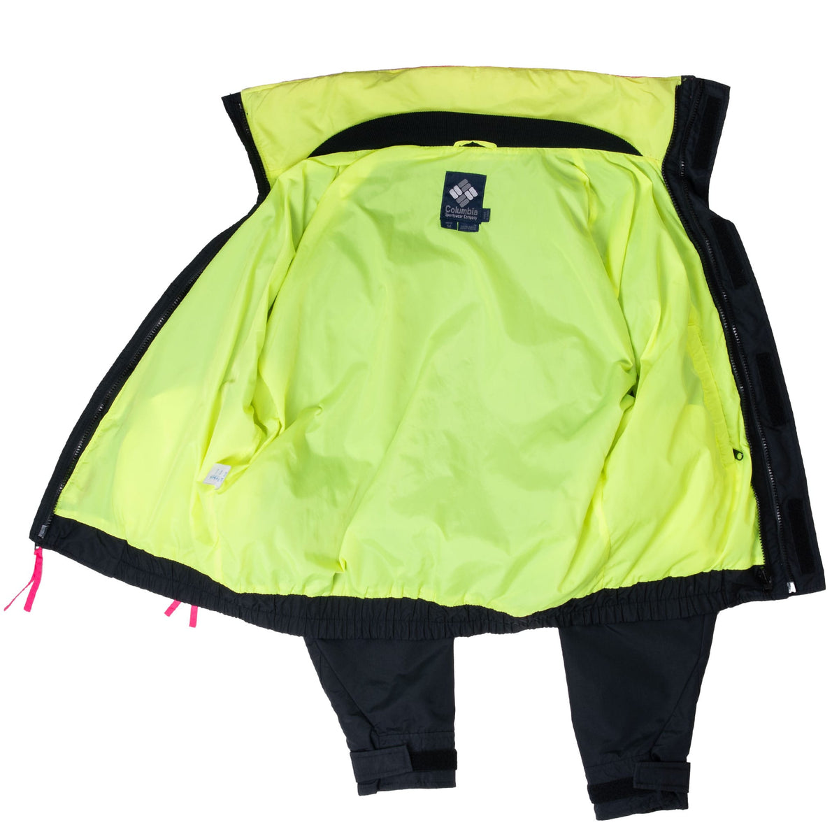 Open Columbia Bugaboo jacket showing neon green interior lining, label and elasticized hem
