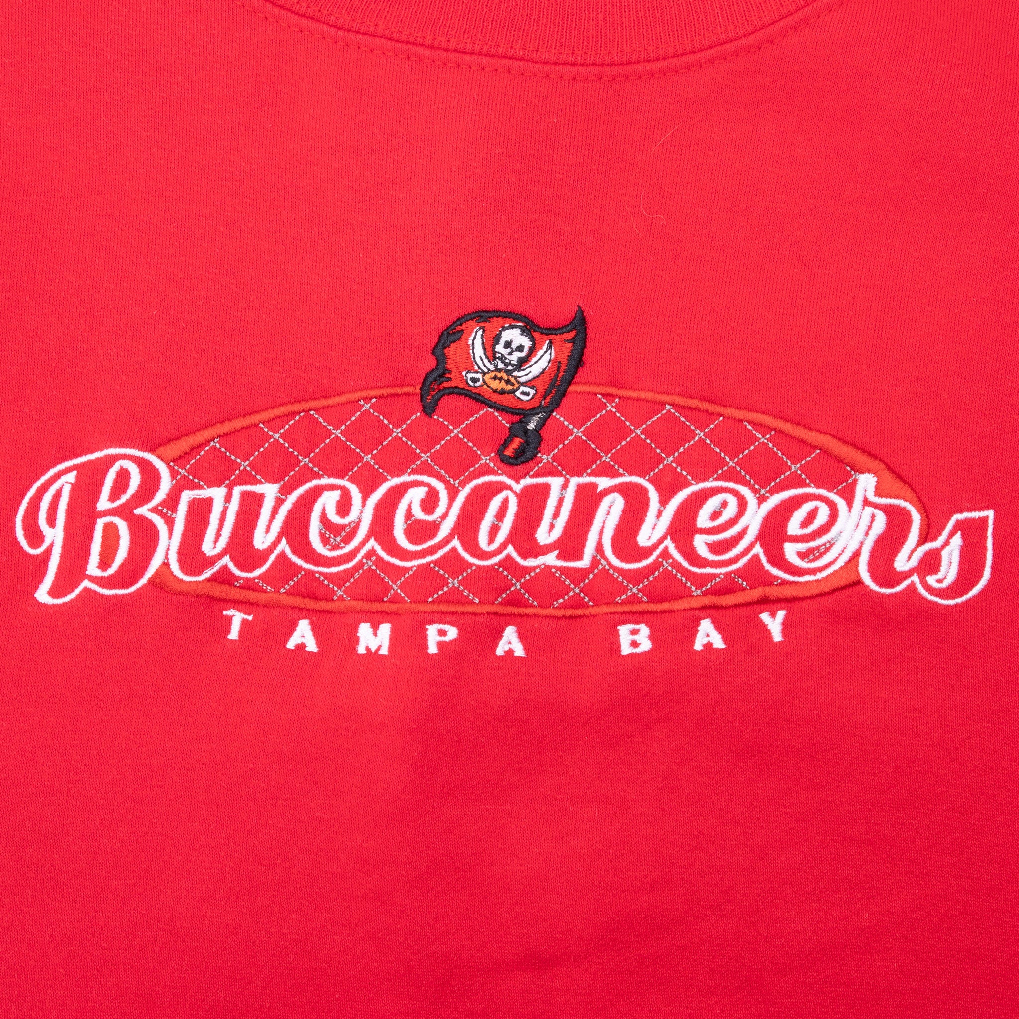 Tampa Bay Buccaneers script and flag logo embroidery on red sweatshirt