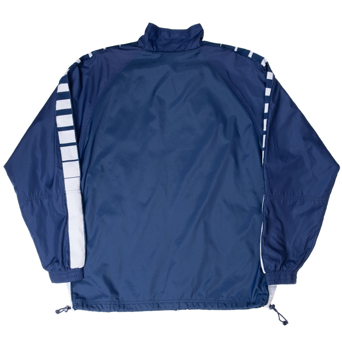Back of navy Adidas windbreaker with white striped panels along the shoulders and sleeves