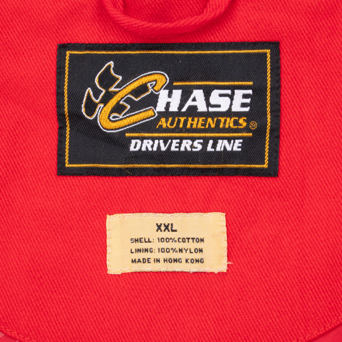 Chase Authentics Drivers Line neck label and XXL care tag inside red jacket