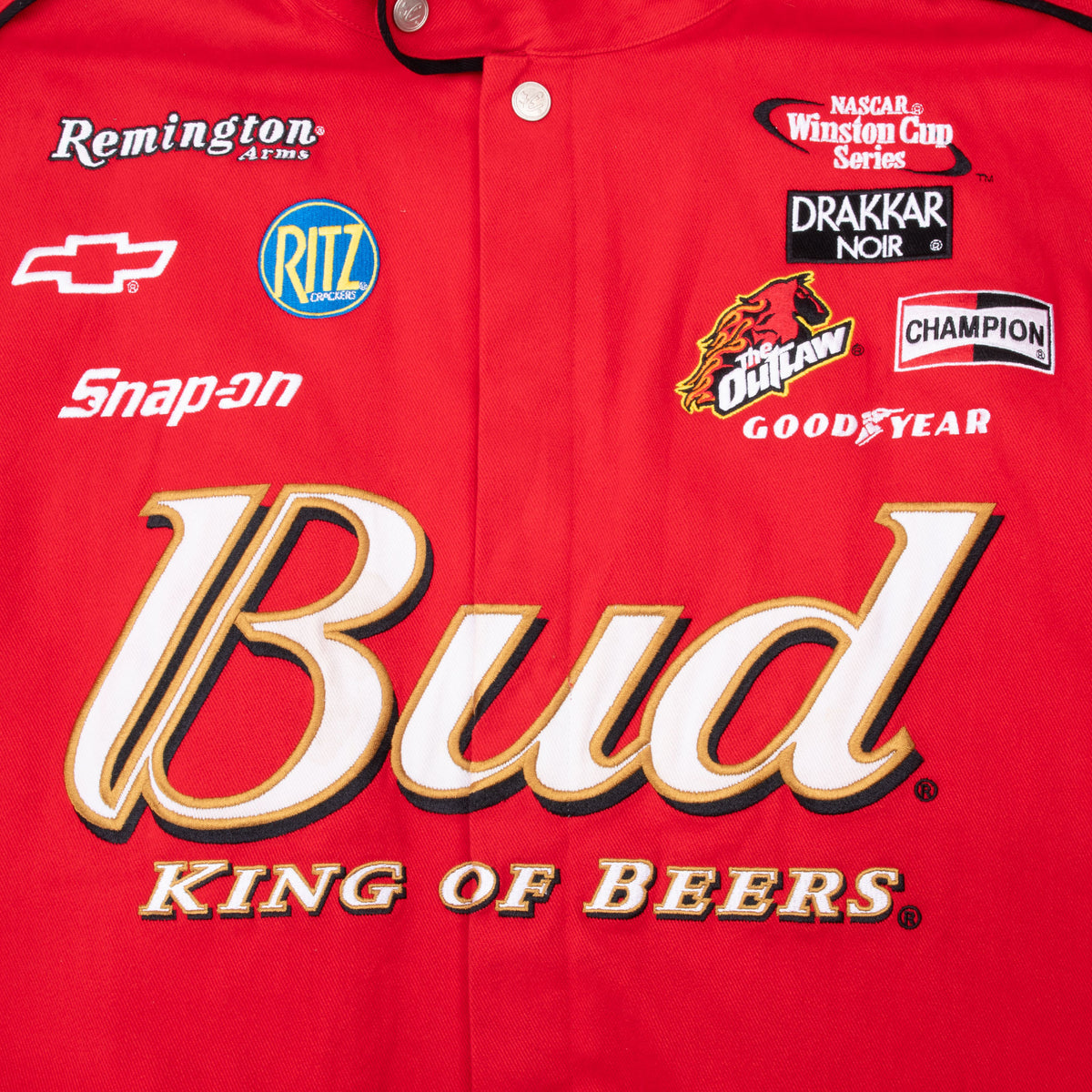 Front chest detail with Bud King of Beers and NASCAR sponsor embroidery