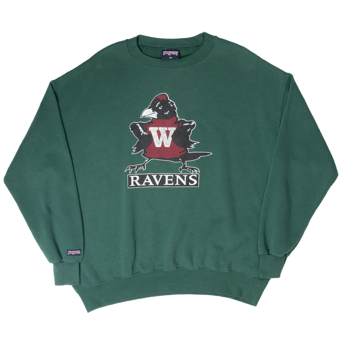 Full front view of green JanSport Ravens sweatshirt with ribbed collar, cuffs and hem