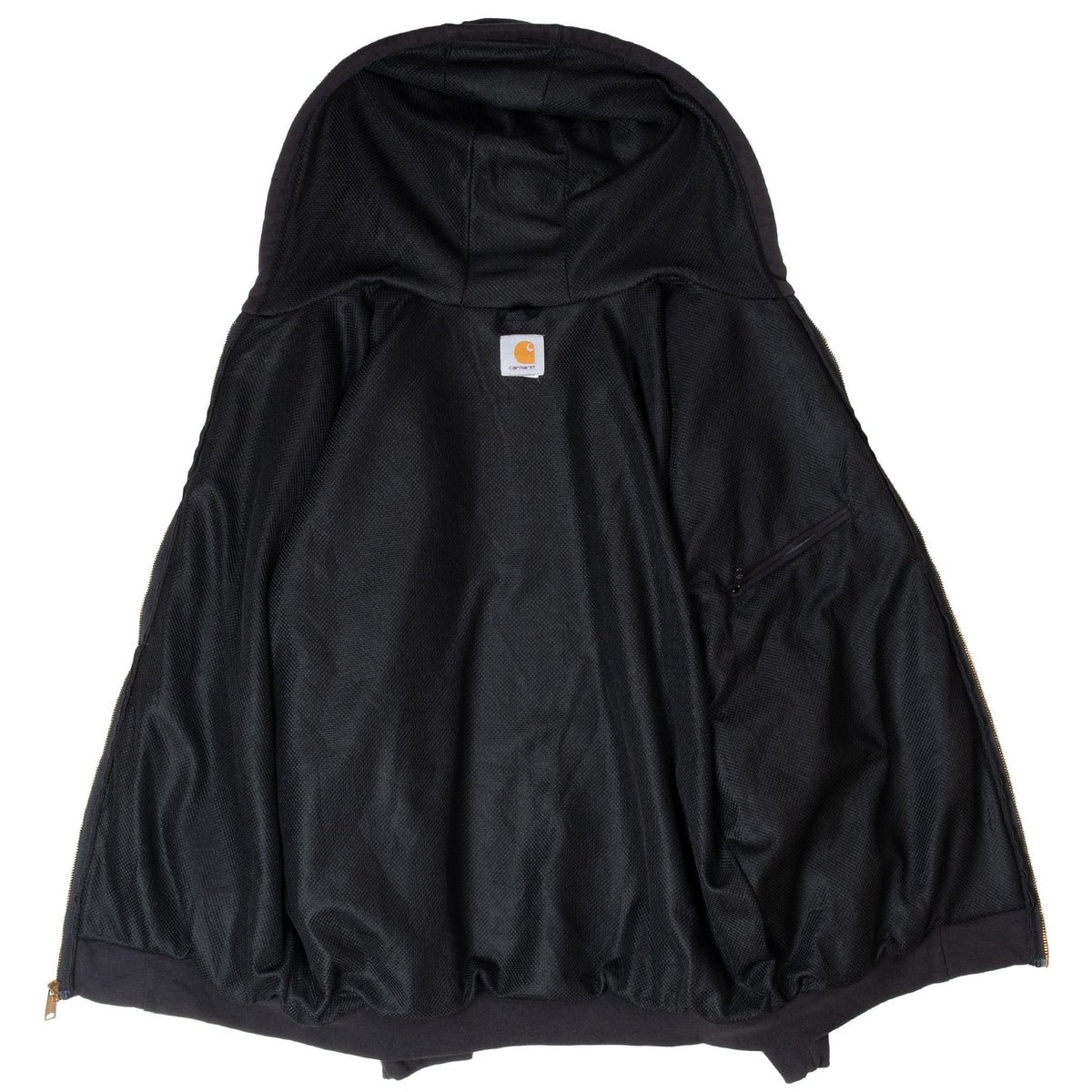 Open black Carhartt zip hoodie showing the interior lining, hood, and inner logo label