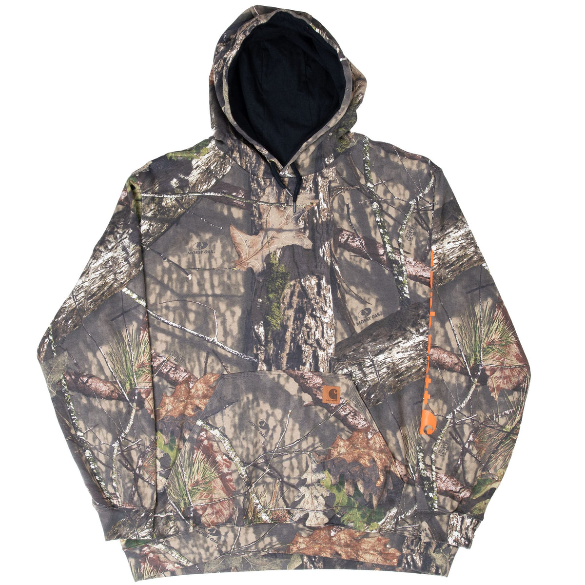 Full front view of Carhartt Mossy Oak camo hoodie with dark hood lining and ribbed hem