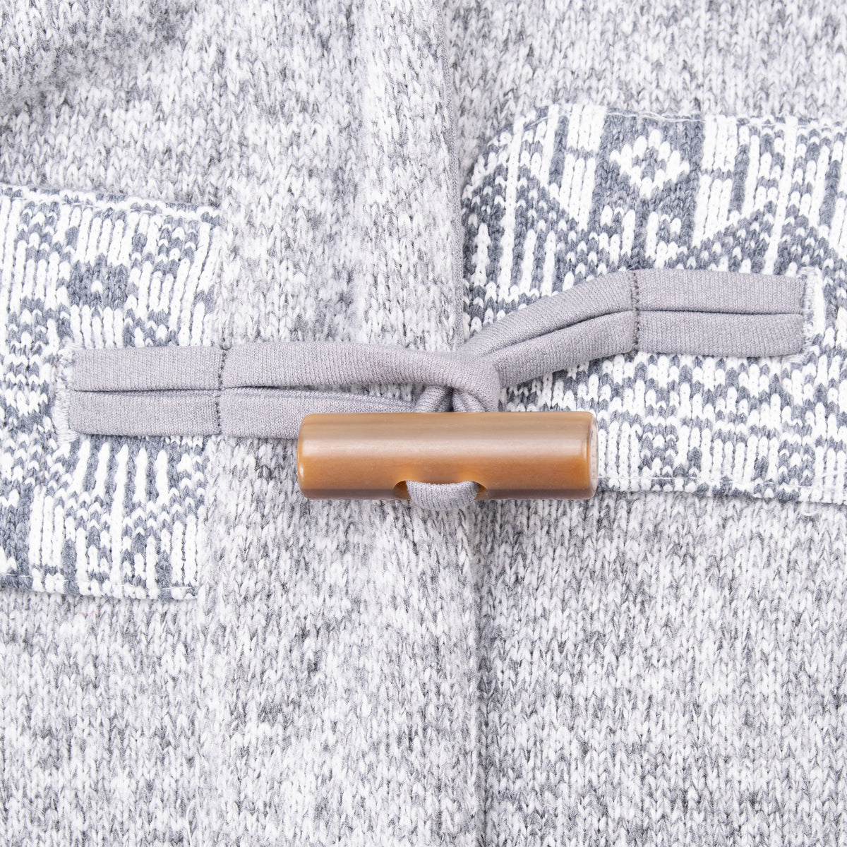 Close-up of brown toggle closure and grey patterned trim on Patagonia Icelandic coat