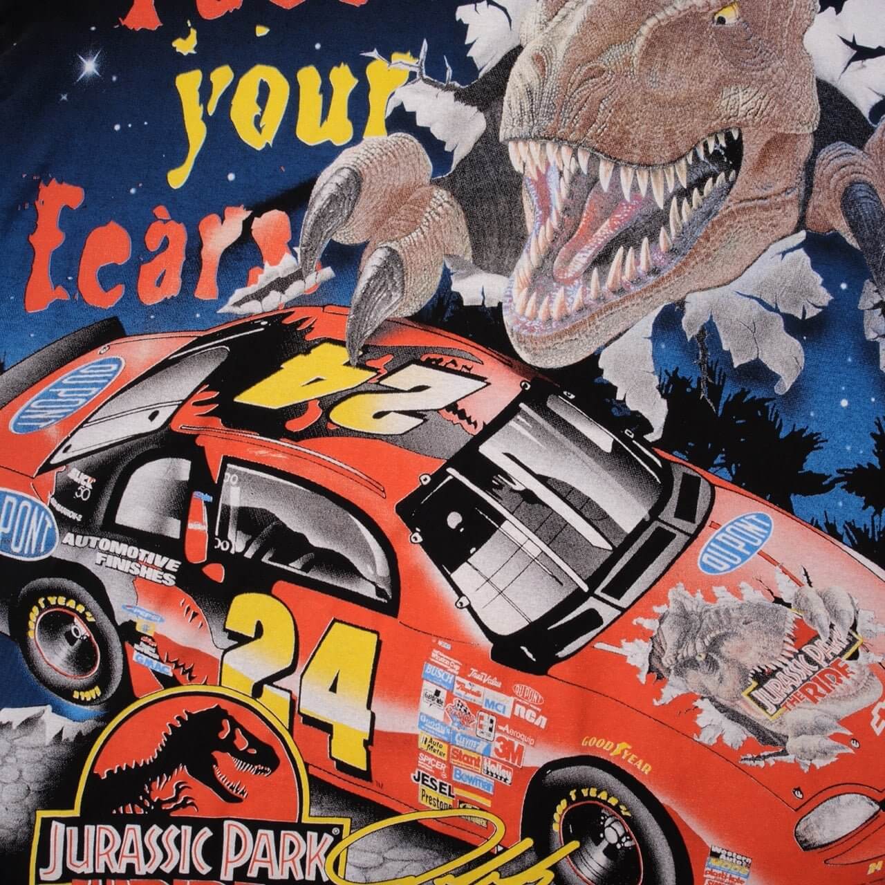 VINTAGE NASCAR ALL OVER PRINT GORDON JURASSIC PARK 1997 TEE SHIRT LARGE MADE USA