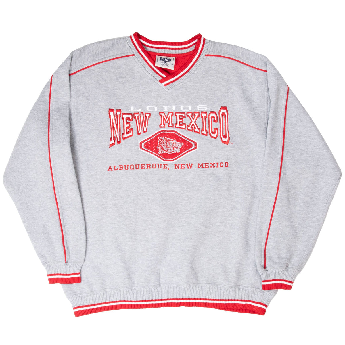 Full front view of gray New Mexico Lobos V-neck sweatshirt with red and white striped trim