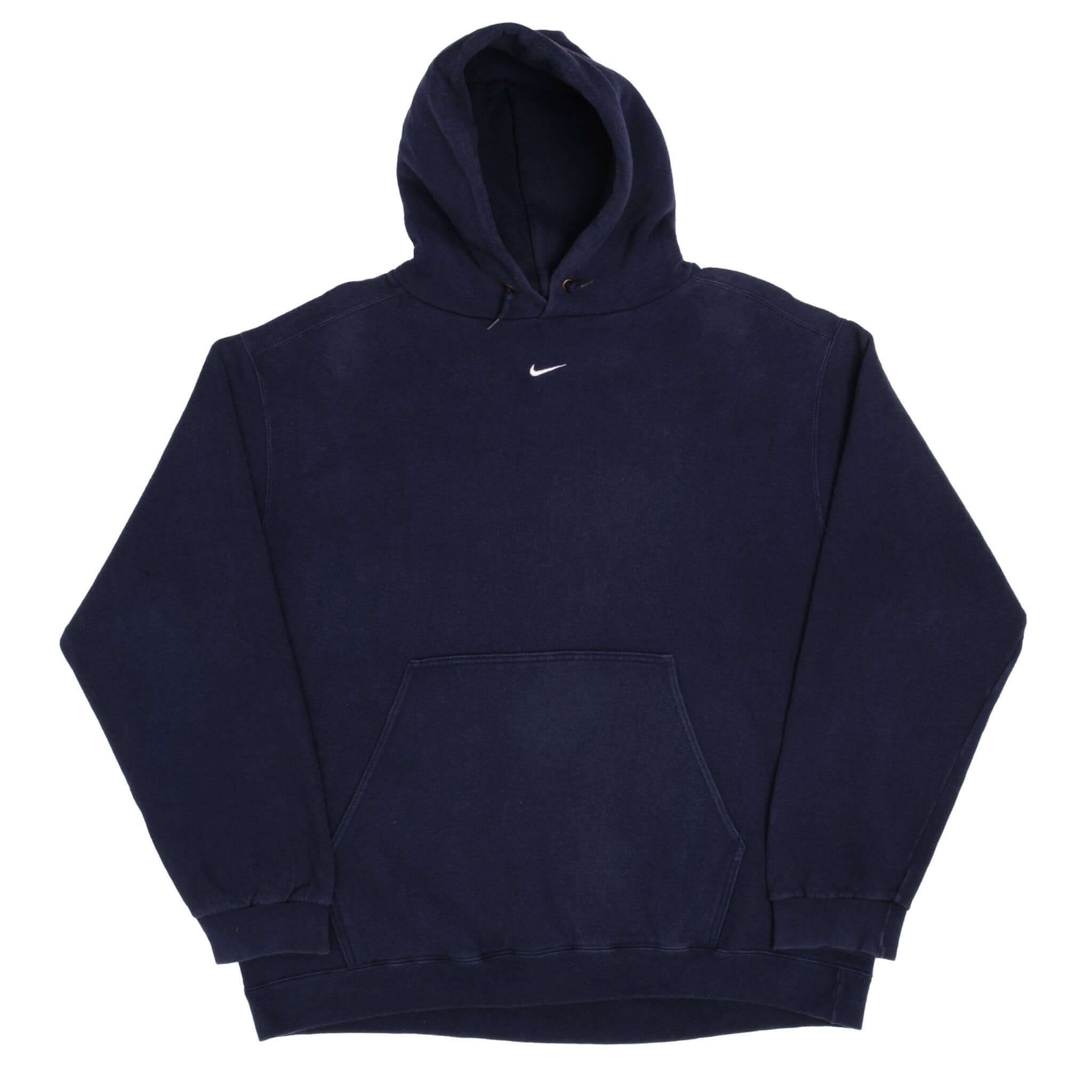 Full front view of navy blue Nike hoodie with center Swoosh, drawstring hood and kangaroo pocket