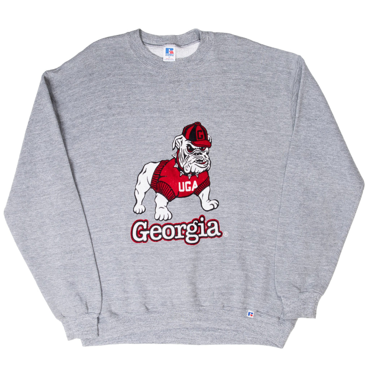 Full front view of gray Georgia Bulldogs crewneck sweatshirt with UGA mascot graphic