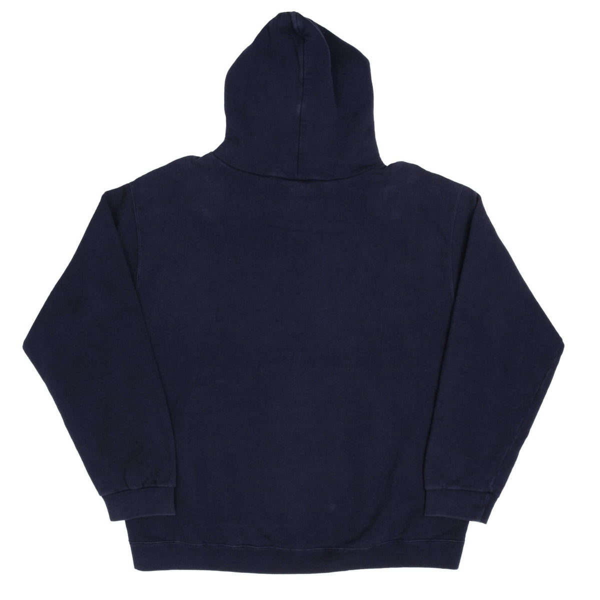 Back of navy blue Nike pullover hoodie with plain design and ribbed waistband