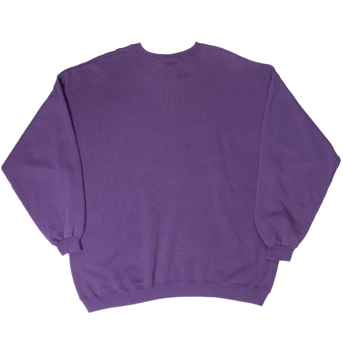 Back of purple Disney crewneck sweatshirt with ribbed cuffs and waistband