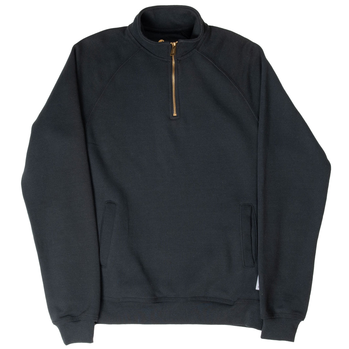 Full front view of black Carhartt quarter-zip sweatshirt with raglan sleeves
