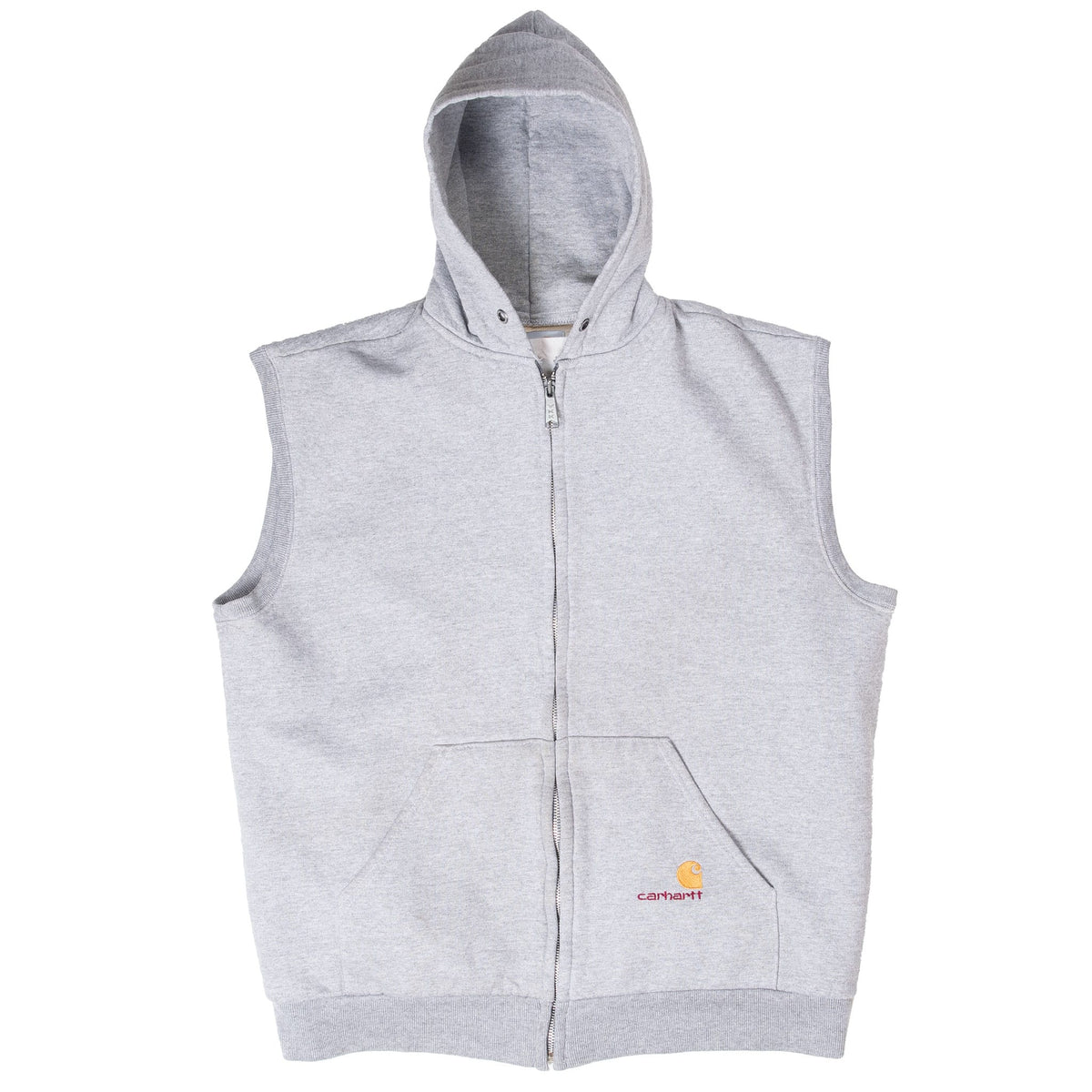 Full front view of grey Carhartt zip-up hooded sweatshirt vest